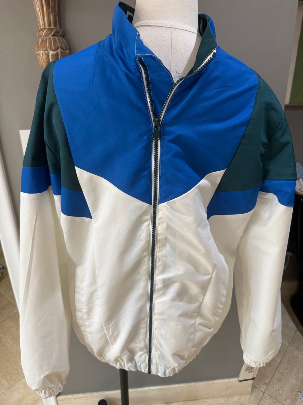 Men's Colorblock Windbreaker/ Water Repellent Jacket - White, Green & Blue